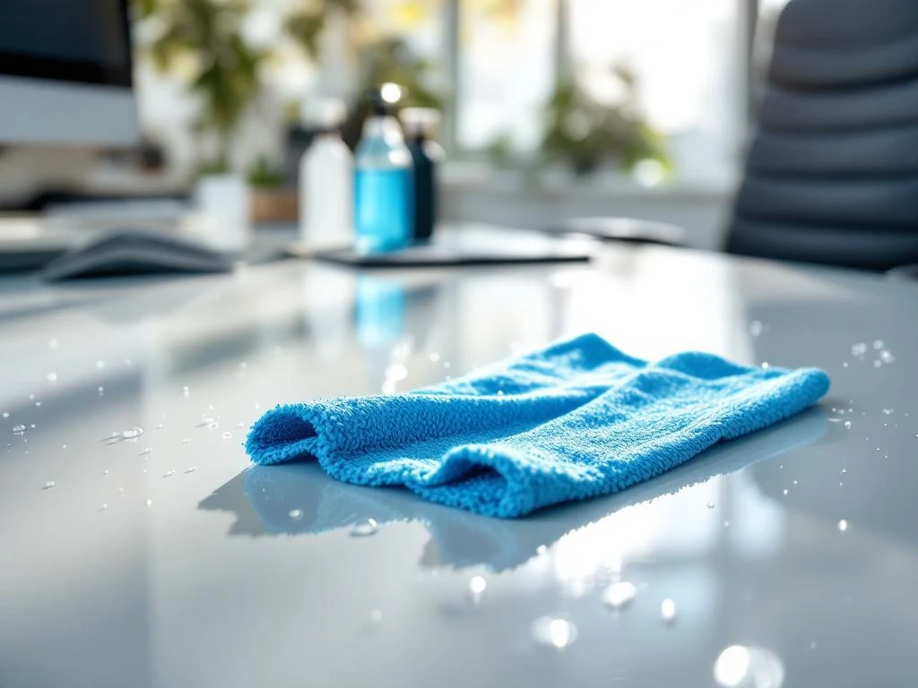Professionele schoonmaak van wit bureau met blauwe microvezeldoek en schoonmaakmiddelen in modern kantoor