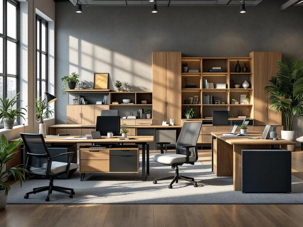 Professionele kantoorruimte met moderne ergonomische stoelen, bureaus en opbergoplossingen in stapsgewijze meubelkeuze proces