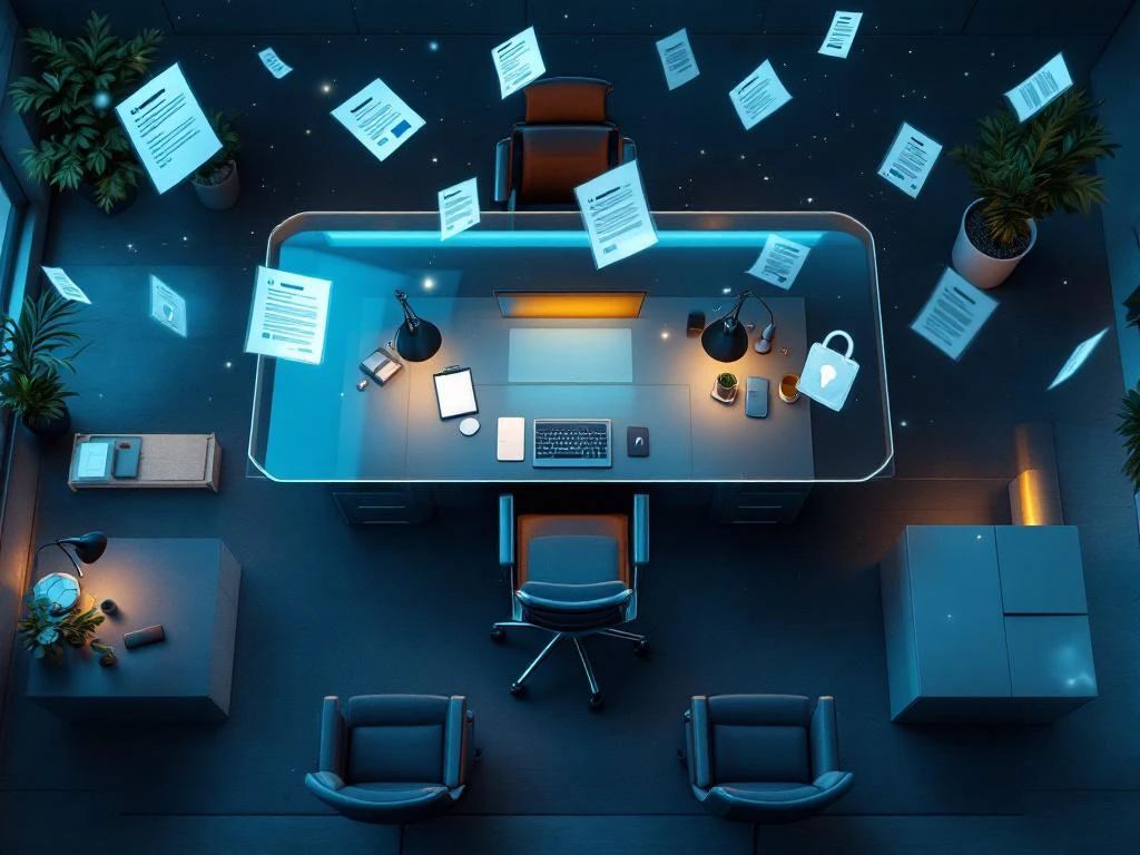 Moderne kantoorwerkplek met ergonomische stoelen en bureaus onder beschermende glazen koepel met verzekeringsdocumenten