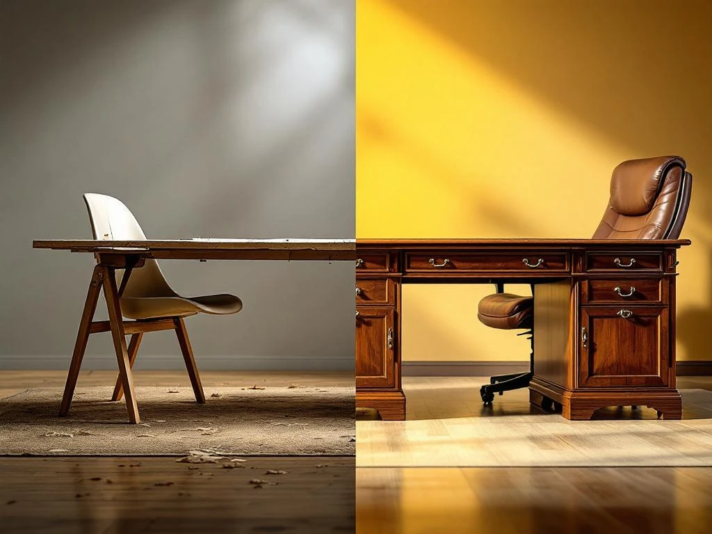 Vergelijking goedkoop versus duur kantoormeubilair: links slijtagesporen op spaanplaat bureau, rechts luxe houten bureau