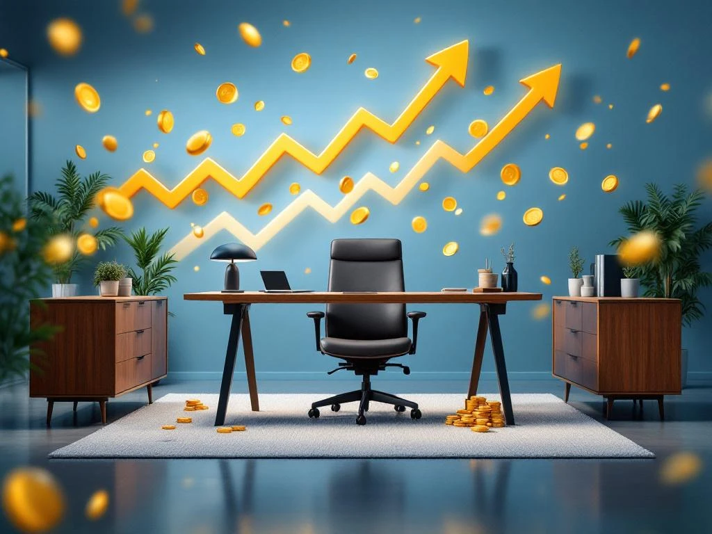Moderne kantoorinrichting met ergonomische bureaustoel en houten bureau, gouden munten en stijgende pijl symboliseren waarde