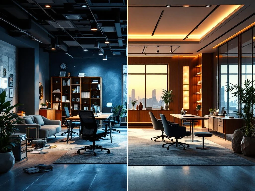 Gesplitst kantoorbeeld toont rommelige werkruimte links versus modern ergonomisch kantoorinterieur rechts