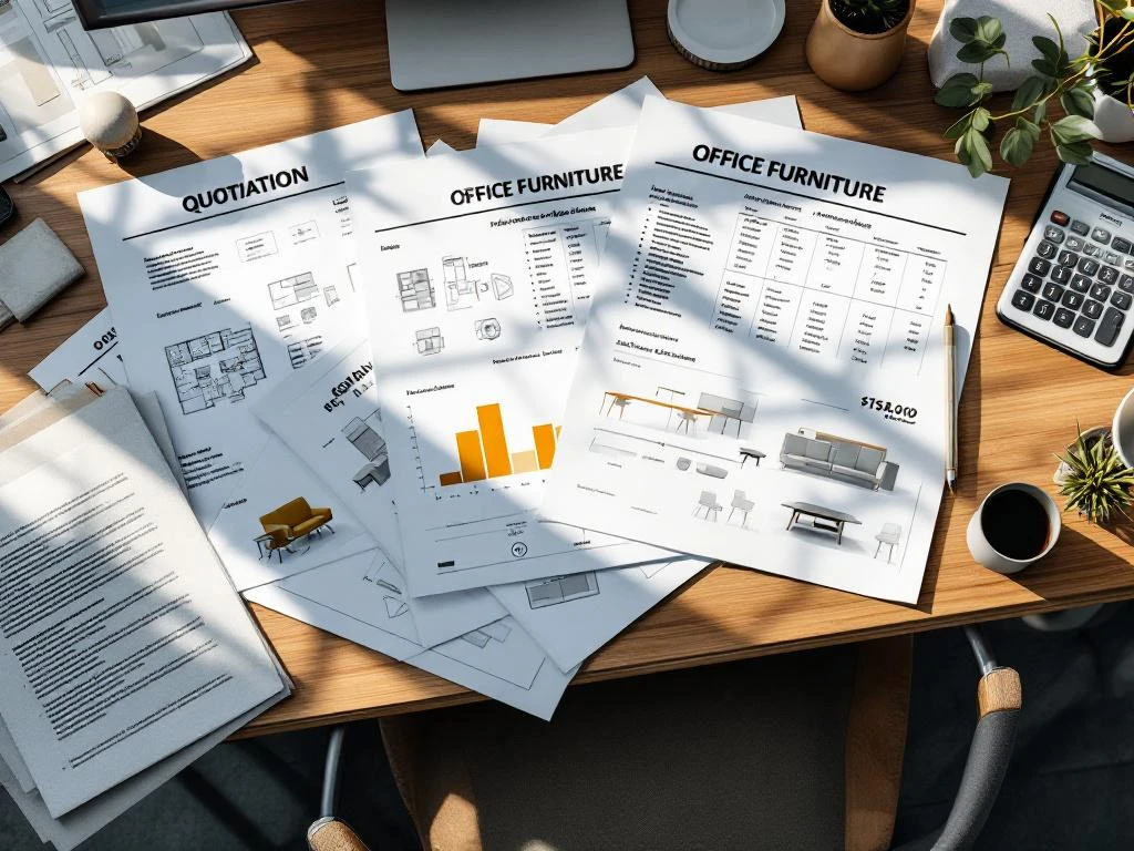 Kantoormeubel offertes op bureau met vloerplannen, stoffalen en ergonomische stoelmodellen voor kantoorinrichting