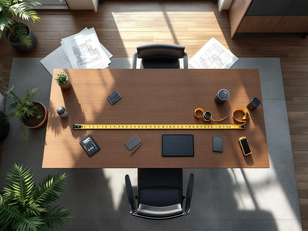 Bovenaanzicht van moderne kantoorruimte met meetlint op houten bureau, blauwdrukken en meubelplanning voor consultatie