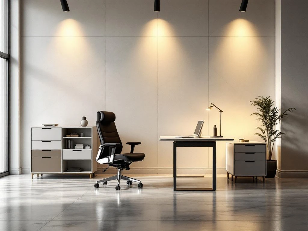 Moderne kantoor showroom met premium ergonomische bureaustoel, verstelbaar bureau en modulaire opslag met prijslabels