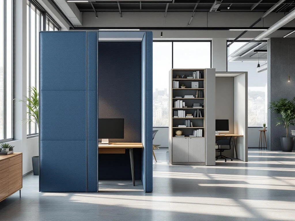 Modern kantoorinterieur met akoestische scheidingswanden en modulaire privacy-schermen die open werkruimte opdelen