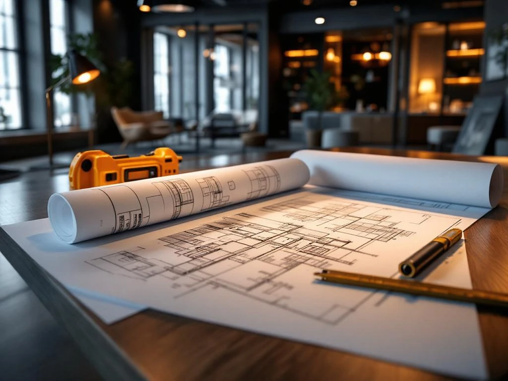 Moderne kantoorruimte tijdens renovatie met bouwvergunningen en architecturale tekeningen op houten bureau