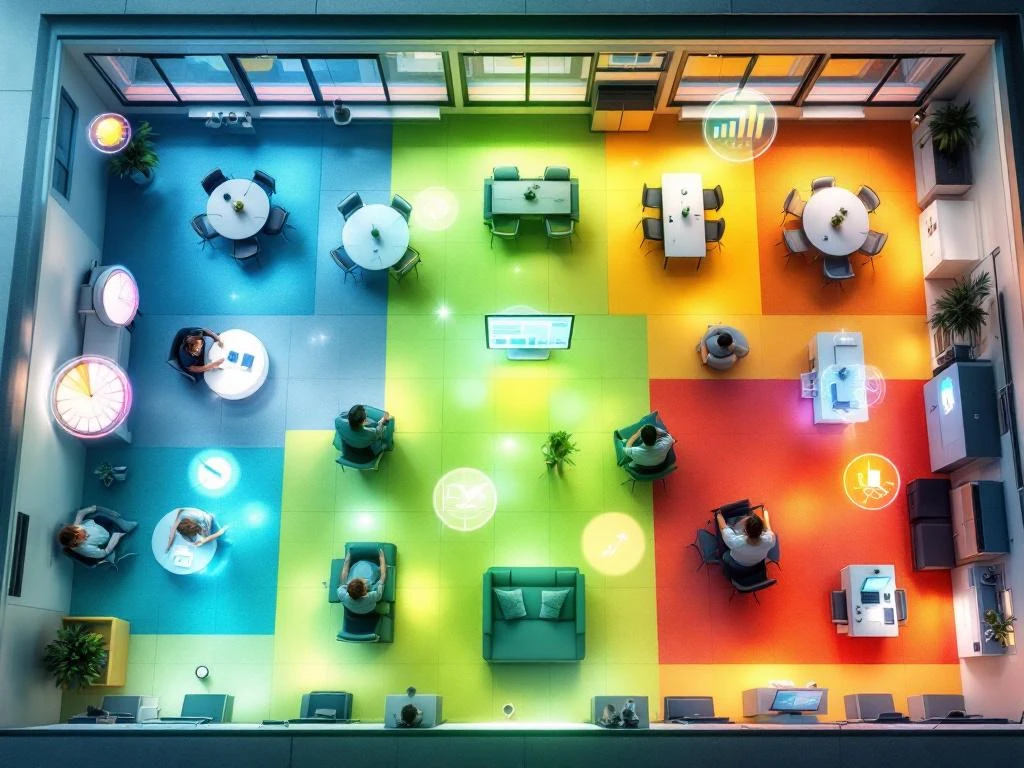Bovenaanzicht modern kantoor met kleurgecodeerde zones en digitale heatmap-overlays die ruimtegebruik analyseren