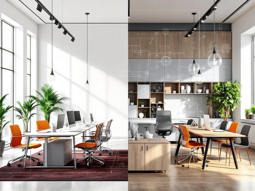 Voor-en-na kantoorruimte transformatie met AR-visualisatie: lege ruimte wordt modern ingericht kantoor