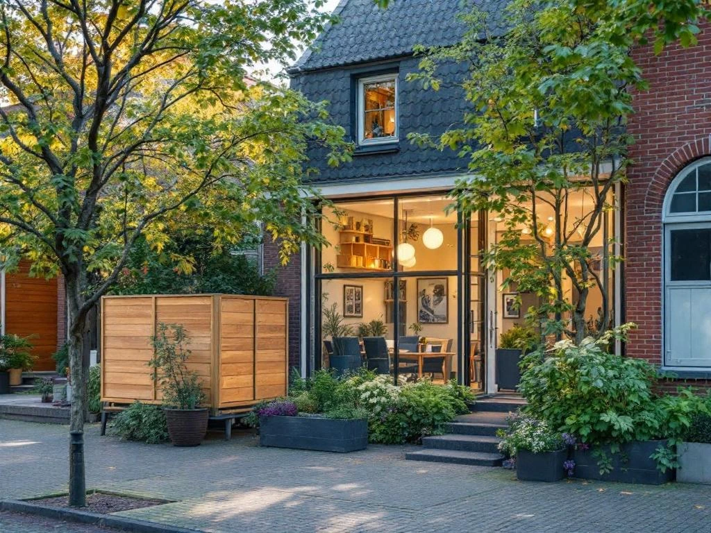 Moderne kantoorinrichting met bedrijfswaarden geïntegreerd in design en werkplek elementen