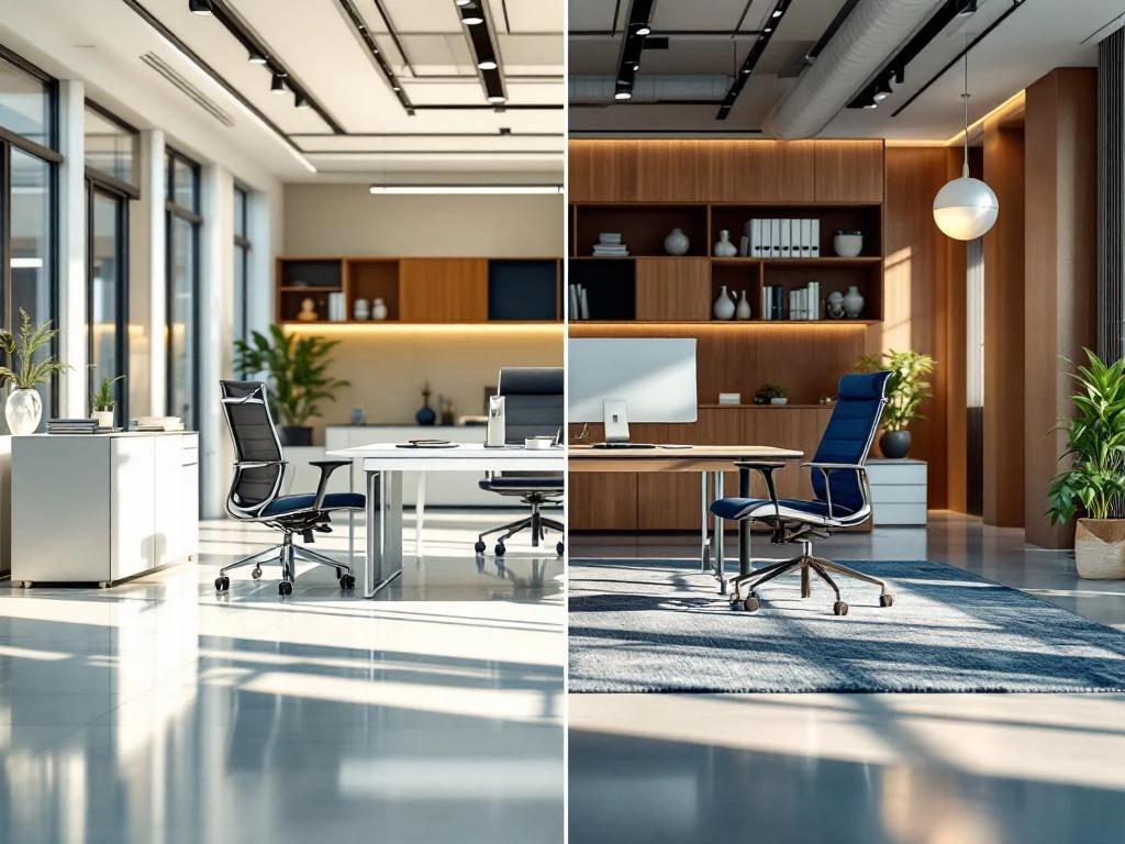 Split-screen vergelijking van nieuwe glanzende kantoormeubels links en hoogwaardige tweedehands bureaus rechts