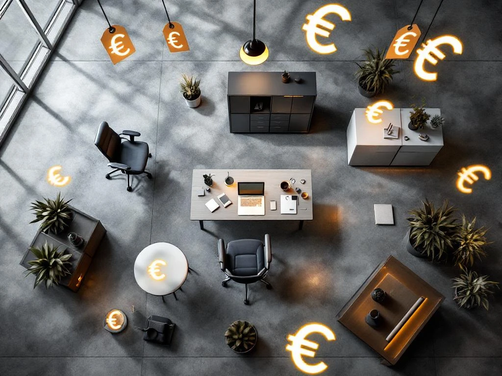 Moderne kantoormeubels met prijslabels in overhead weergave: bureau, stoel, vergadertafel en archiefkast op betonvloer