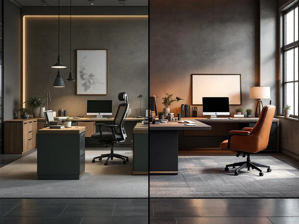 Kantoormeubels transformatie: eenvoudige bureaumeubels links versus luxe aangepaste versies met leer en moderne afwerking rechts
