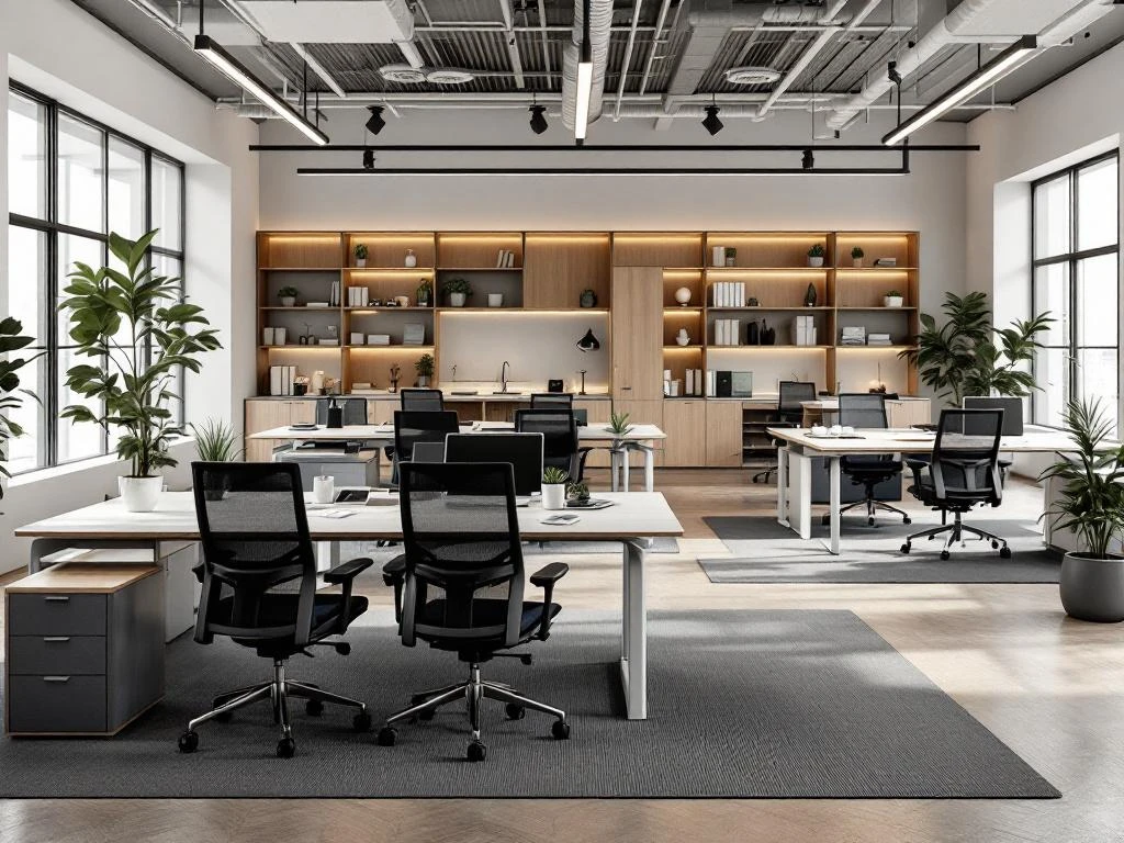 Moderne kantoorinrichting met ergonomische stoelen, sta-bureaus en modulaire opslag in open werkruimte