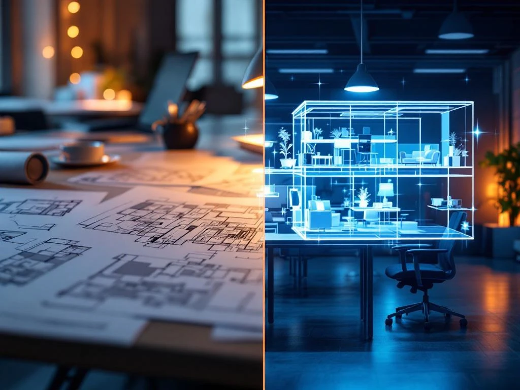 Kantoorruimte transformatie: 2D blauwdrukken links versus 3D holografische kantoorinrichting rechts met moderne meubilair