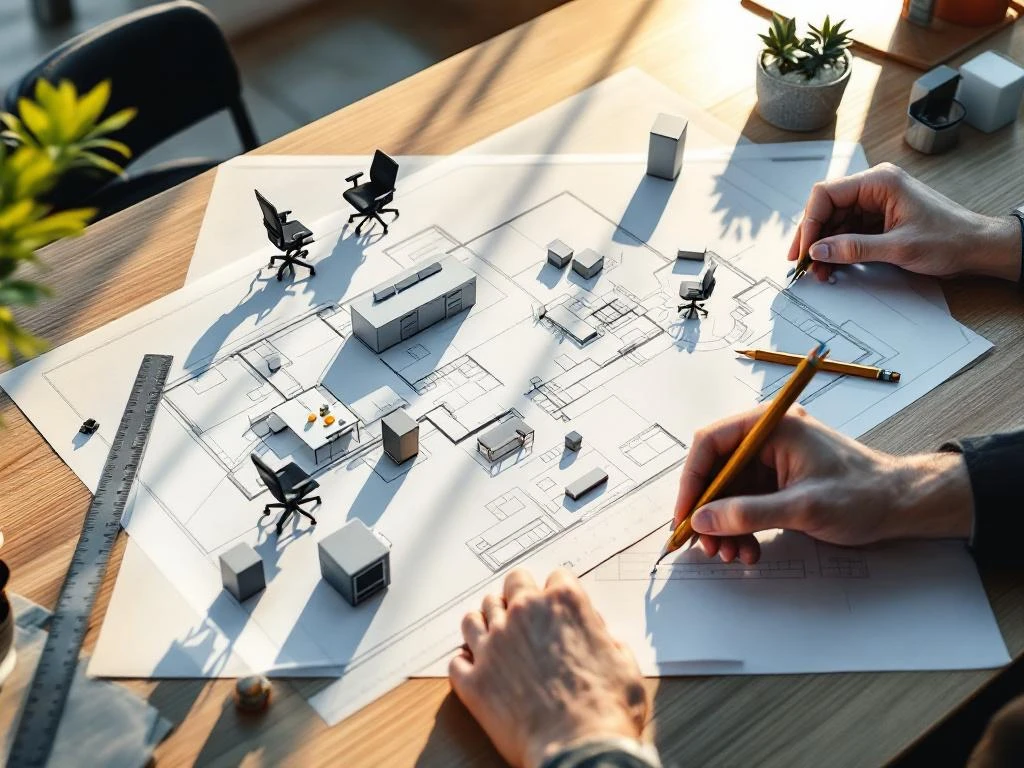 Bouwplattegrond met miniatuur kantoormeubilair op houten bureau, omringd door liniaal, potlood en meetlint