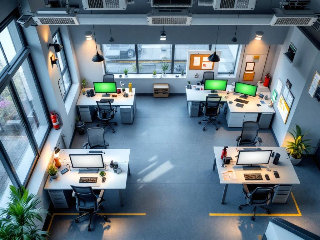 Bovenaanzicht modern Nederlands kantoor met ergonomische stoelen, LED-verlichting, nooduitgangen en veiligheidselementen