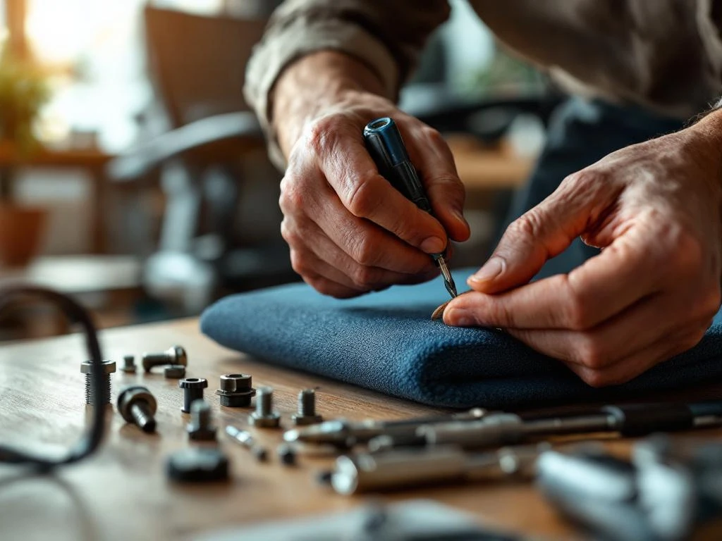 Professionele reparatie van moderne bureaustoel met gereedschap in eigentijdse kantooromgeving