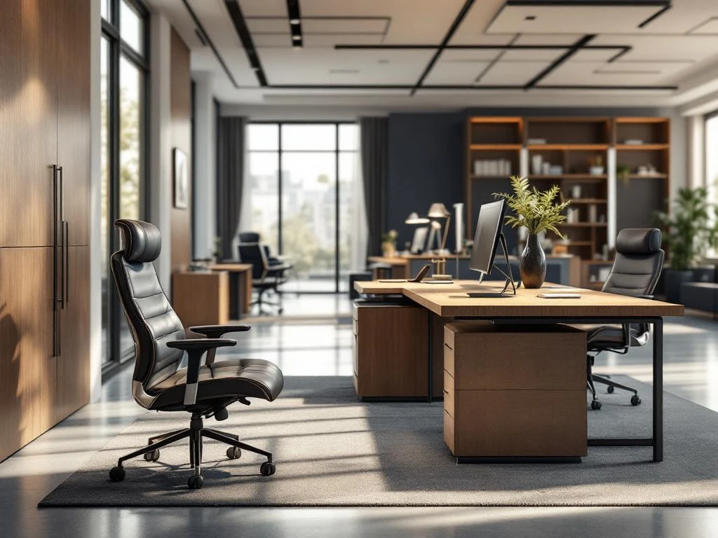 Luxe moderne kantoorruimte met ergonomische leren stoel, houten sta-bureau en hedendaagse werkstations in natuurlijk licht