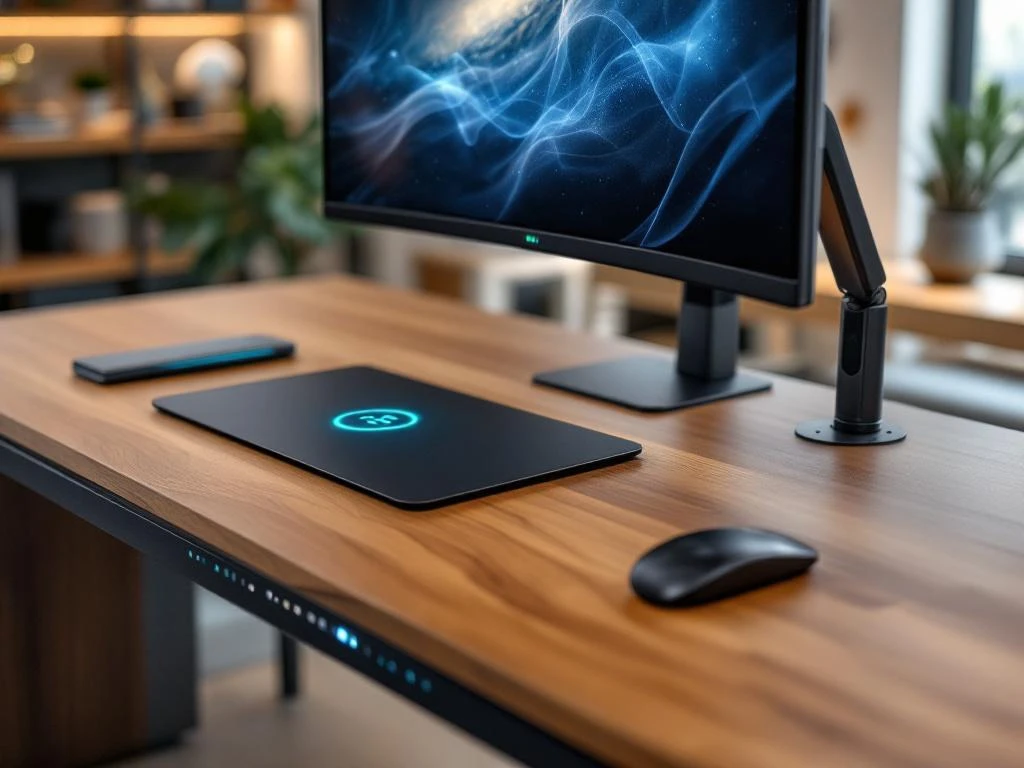 Modern ergonomisch bureau met draadloze oplader, hoogteverstelling, kabelmanagement en ultrawide monitor in warme houttinten