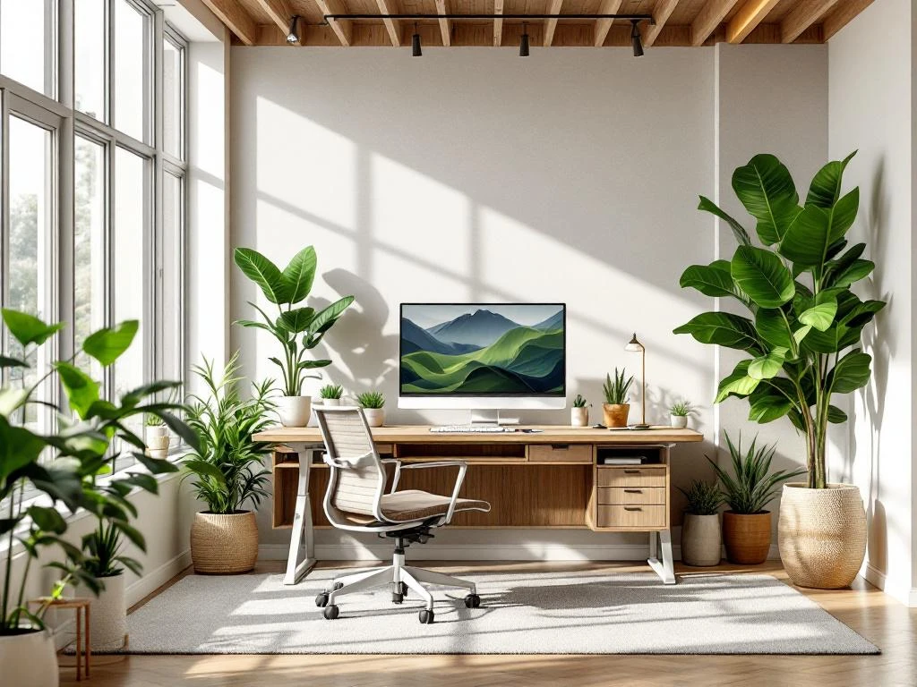 Moderne kantoorinterieur met ergonomisch zit-sta bureau, grote ramen, groene planten en natuurlijk licht voor gezonde werkplek