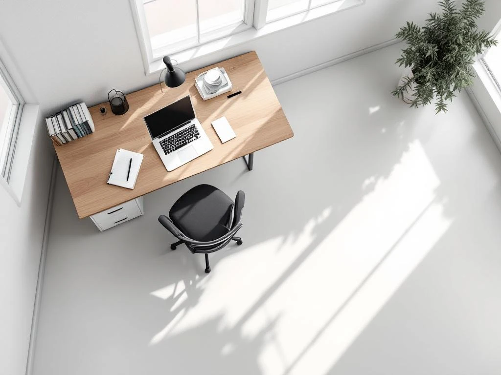 Moderne minimalistische kantoorwerkplek van bovenaf met houten bureau, laptop, zwarte stoel en witte opbergkast