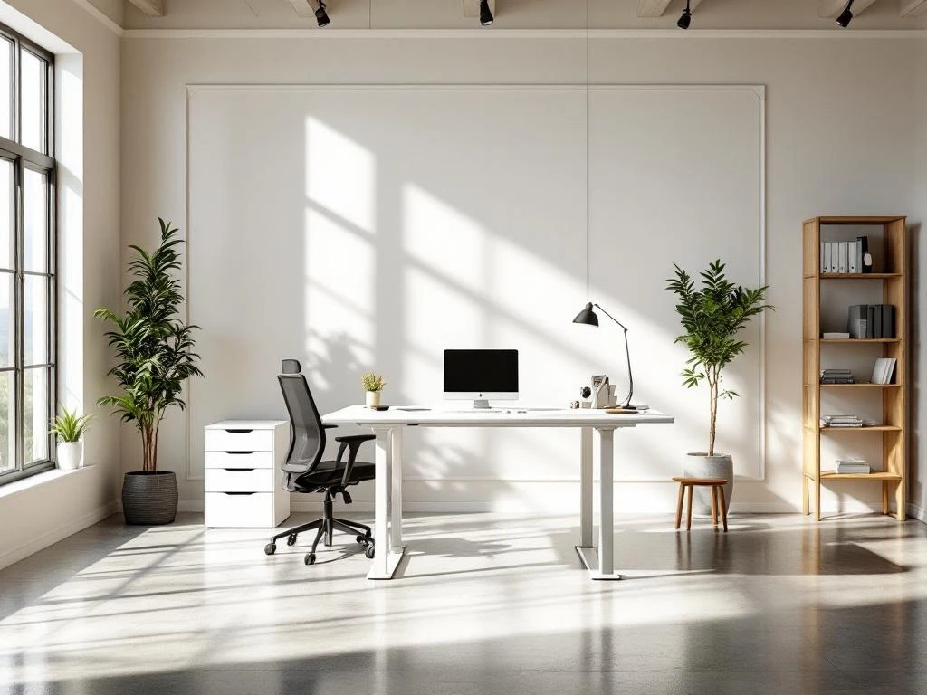 Moderne startup kantoorruimte met wit in hoogte verstelbaar bureau, ergonomische stoel en minimalistische meubels