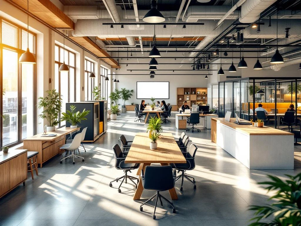 Moderne co-working ruimte met houten bureaus, ergonomische stoelen en glazen wanden, verlicht door natuurlijk licht