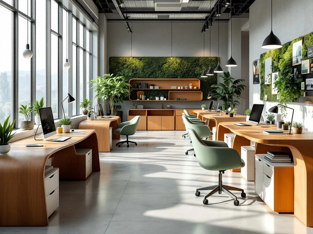 Moderne kantoorruimte met ergonomische houten bureaus, groene stoelen en modulaire opslag met draadloos laden in 2026
