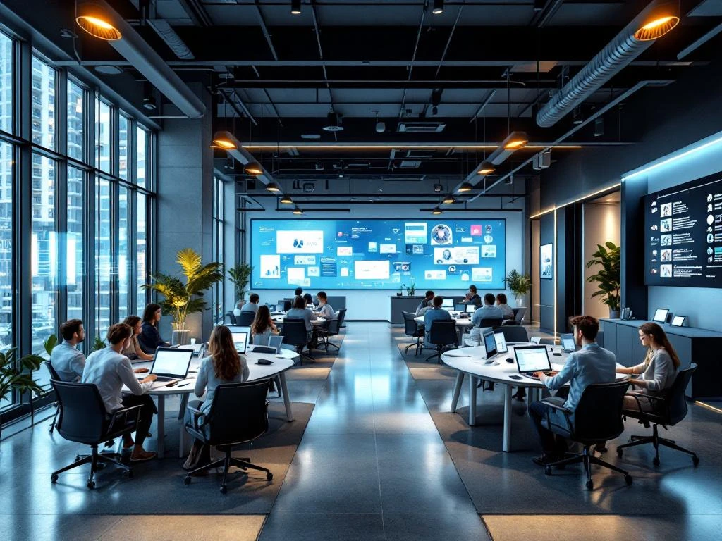 Moderne kantoorruimte met activiteitsgebaseerd werken, digitale schermen, focuspods en slimme technologie integratie