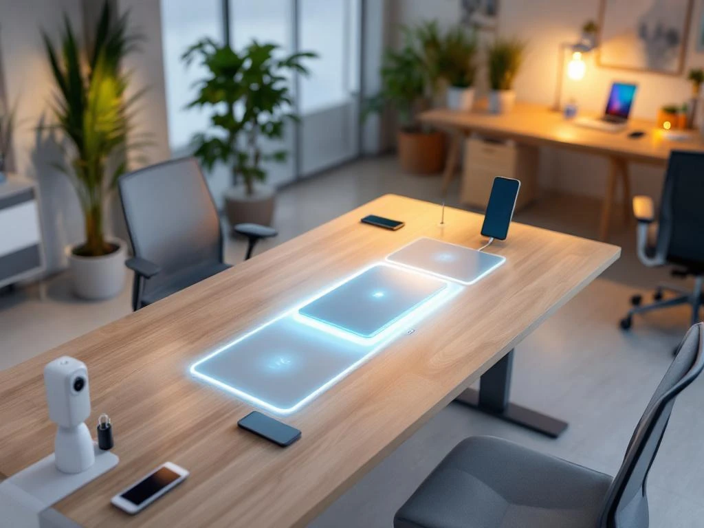 Moderne kantoorwerkplek met draadloze oplaadpads en geïntegreerde USB-poorten in bureau en stoel