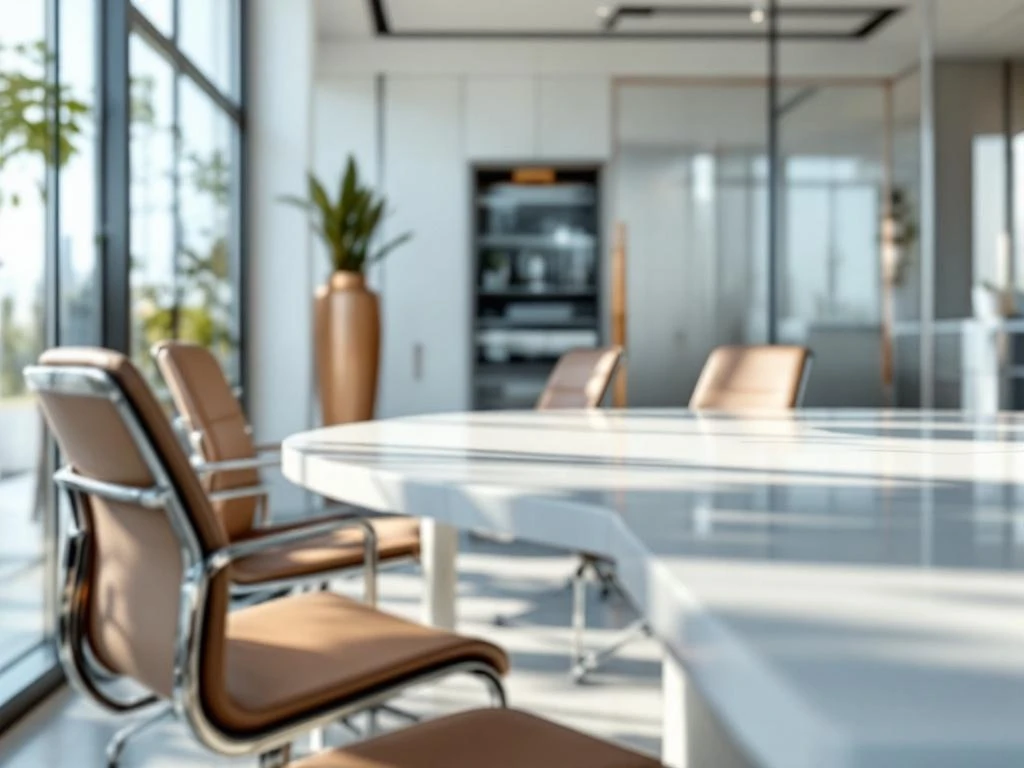 Moderne kantooromgeving met antimicrobiële bureau, metalen stoelen, glazen wanden en hygiënische oppervlakken