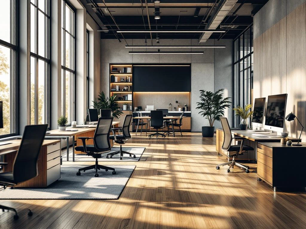 Modern kantoorinterieur met ergonomische bureaustoelen, sta-bureaus en stijlvolle opbergoplossingen in natuurlijk licht