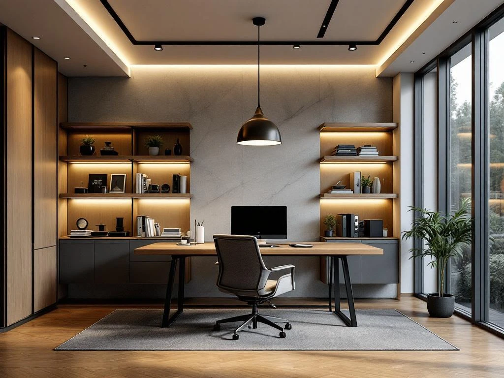 Modern kantoorinterieur met ergonomische bureau, hanglamp en LED-verlichting die houten meubels en metalen accenten benadrukt
