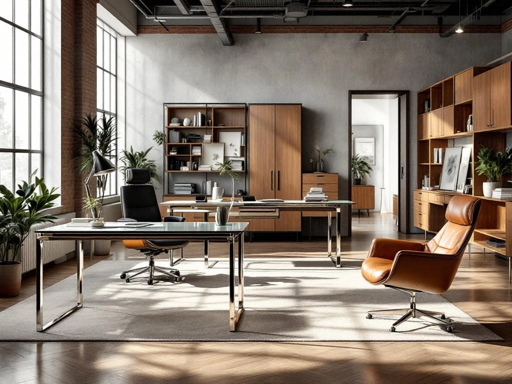 Moderne kantoorruimte met glazen bureaus, houten kasten en leren stoelen in harmonieuze mix van meubelstijlen