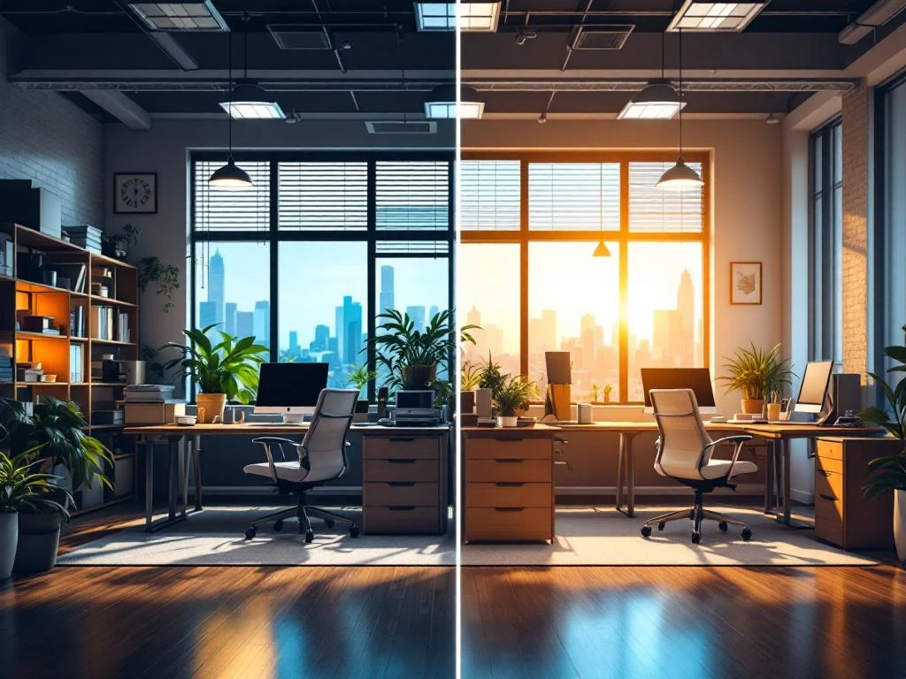 Moderne kantooromgeving toont contrast tussen verouderde, rommelige werkplek en strakke, ergonomische kantoorinrichting