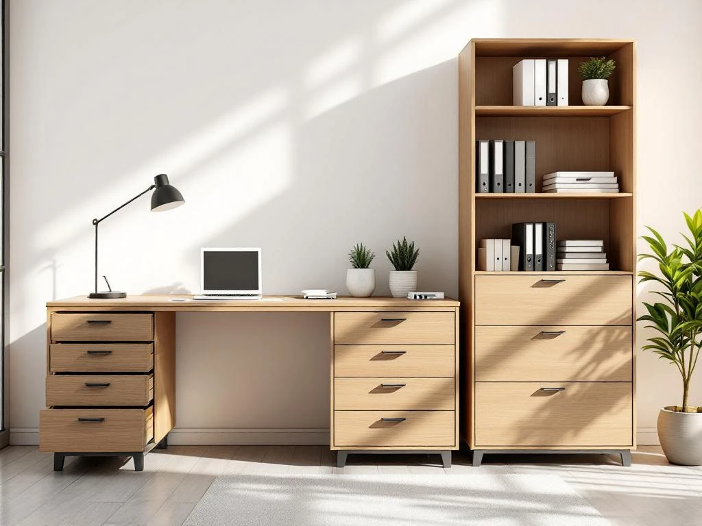 Modern kantoor met houten bureau, ladekast en boekenkast met georganiseerde opbergoplossingen in warme verlichting