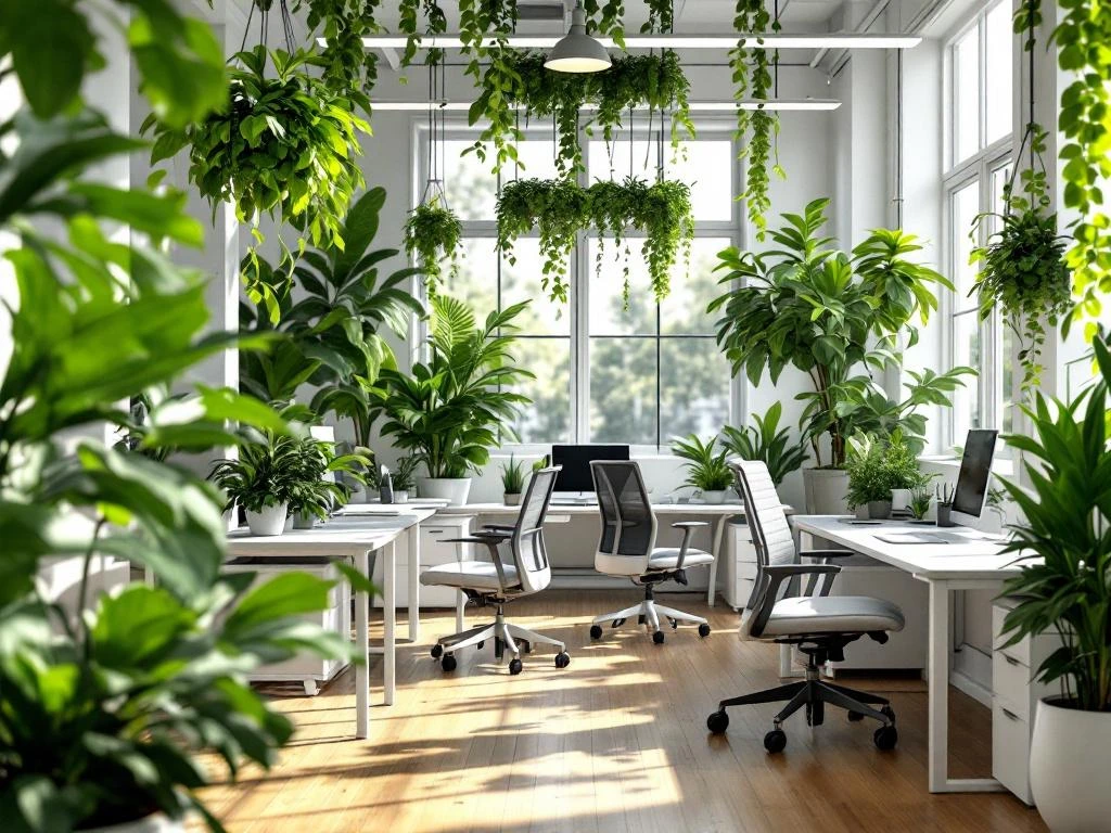 Moderne kantoorruimte met weelderige groene planten, witte bureaus en natuurlijk licht door grote ramen.
