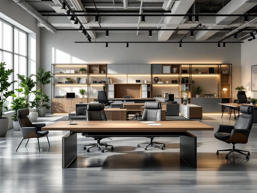 Moderne kantoorshowroom met ergonomische leren stoelen, houten bureaus en eigentijdse opbergoplossingen in warme tinten