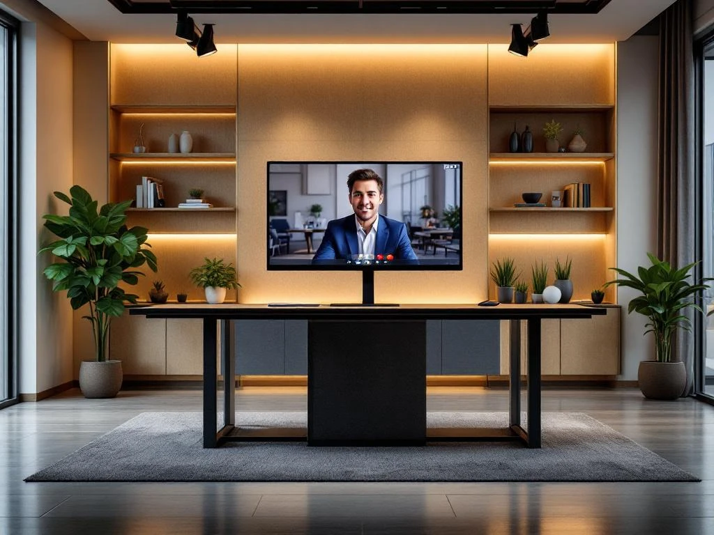 Moderne kantoorruimte met bureau, grote monitor voor videoconferenties, professionele verlichting en minimalistische inrichting
