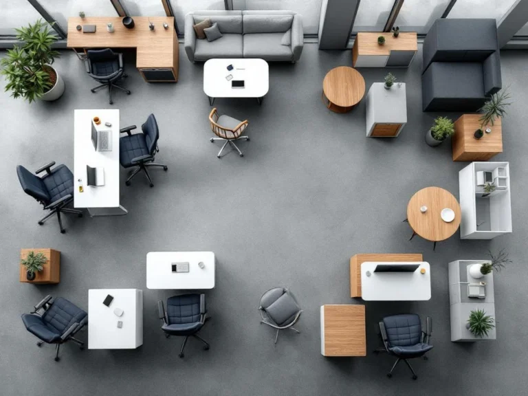 Moderne kantoorwerkplek van bovenaf met ergonomische stoelen, witte bureaus en modulaire opbergkasten in strak design