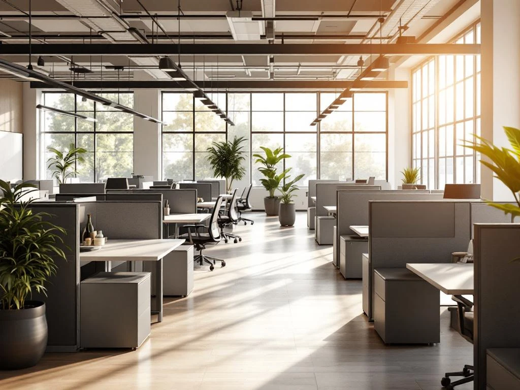 Moderne open kantoorruimte met modulaire bureaus, ergonomische stoelen en akoestische panelen in natuurlijk licht