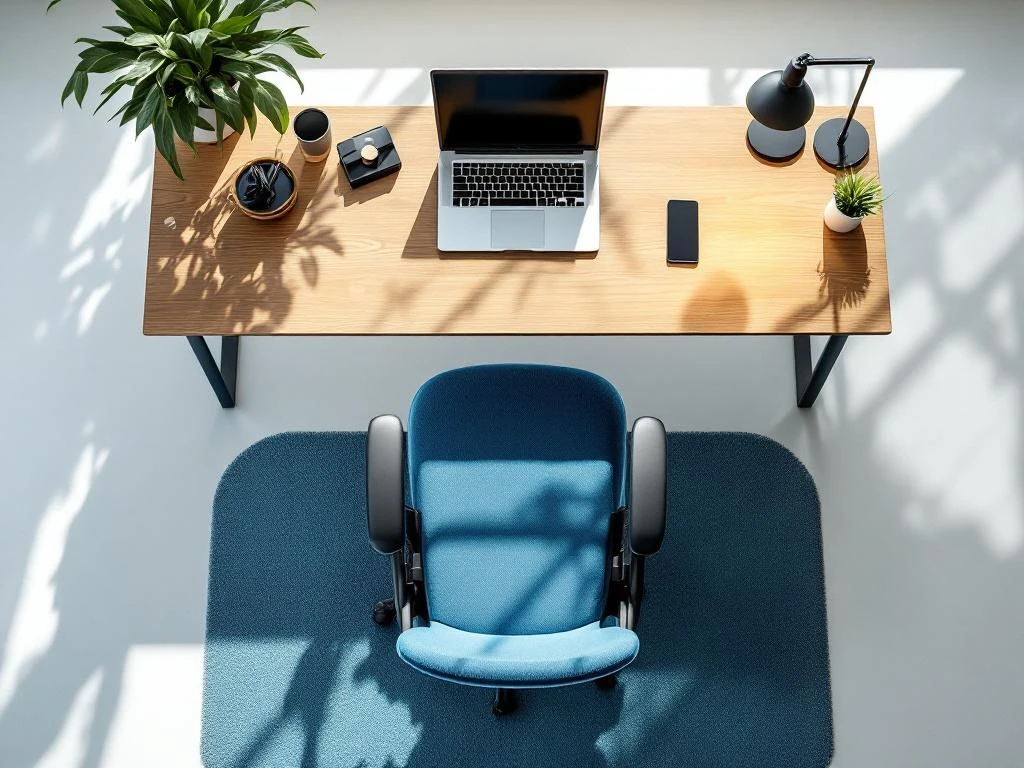 Moderne kantoorwerkplek van bovenaf met ergonomische bureaustoel, houten bureau, laptop en bureaulamp in professionele opstelling