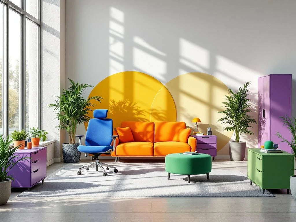 Moderne kantoorwerkplek met kleurrijk meubilair: blauwe ergonomische stoelen, oranje accenten en groene accessoires