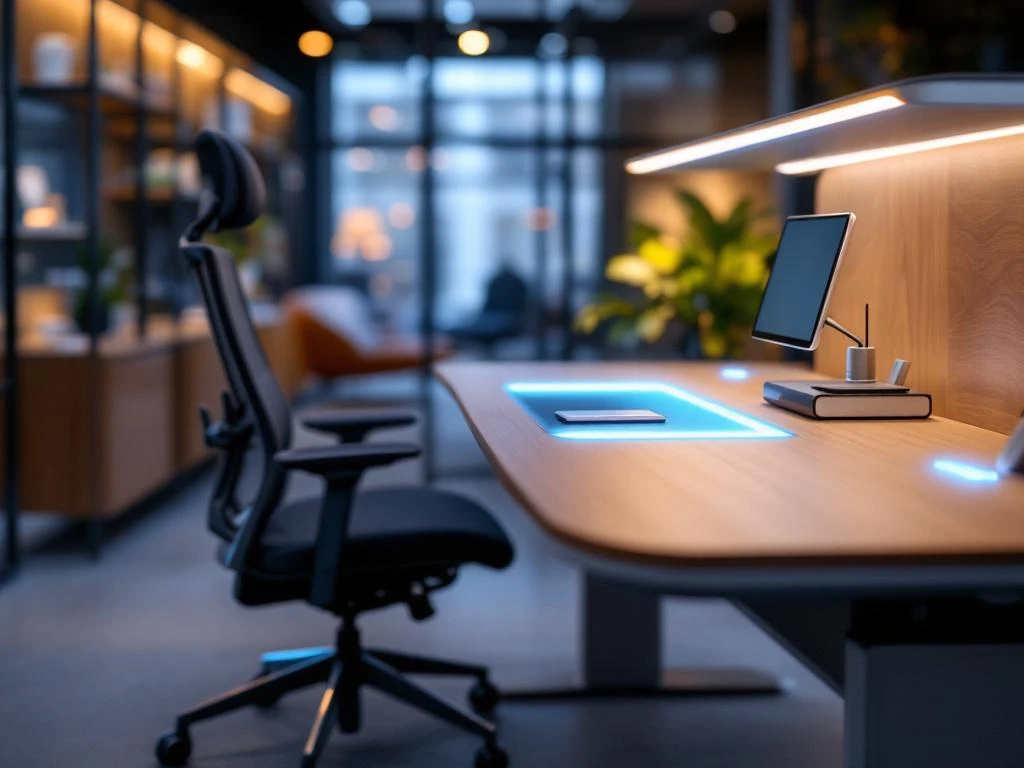 Moderne kantoorwerkplek met slimme verstelbare bureau, ergonomische stoel en modulaire opslag met LED-verlichting