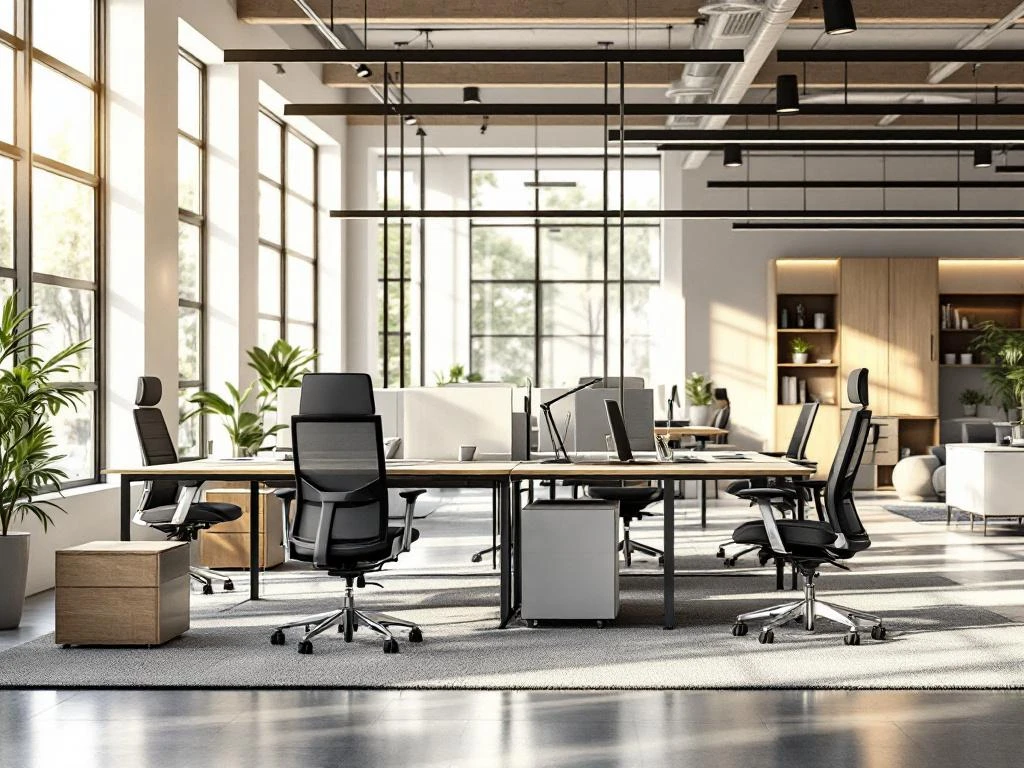 Moderne kantoorruimte met ergonomische bureaustoelen, in hoogte verstelbare bureaus en modulaire opslag bij grote ramen