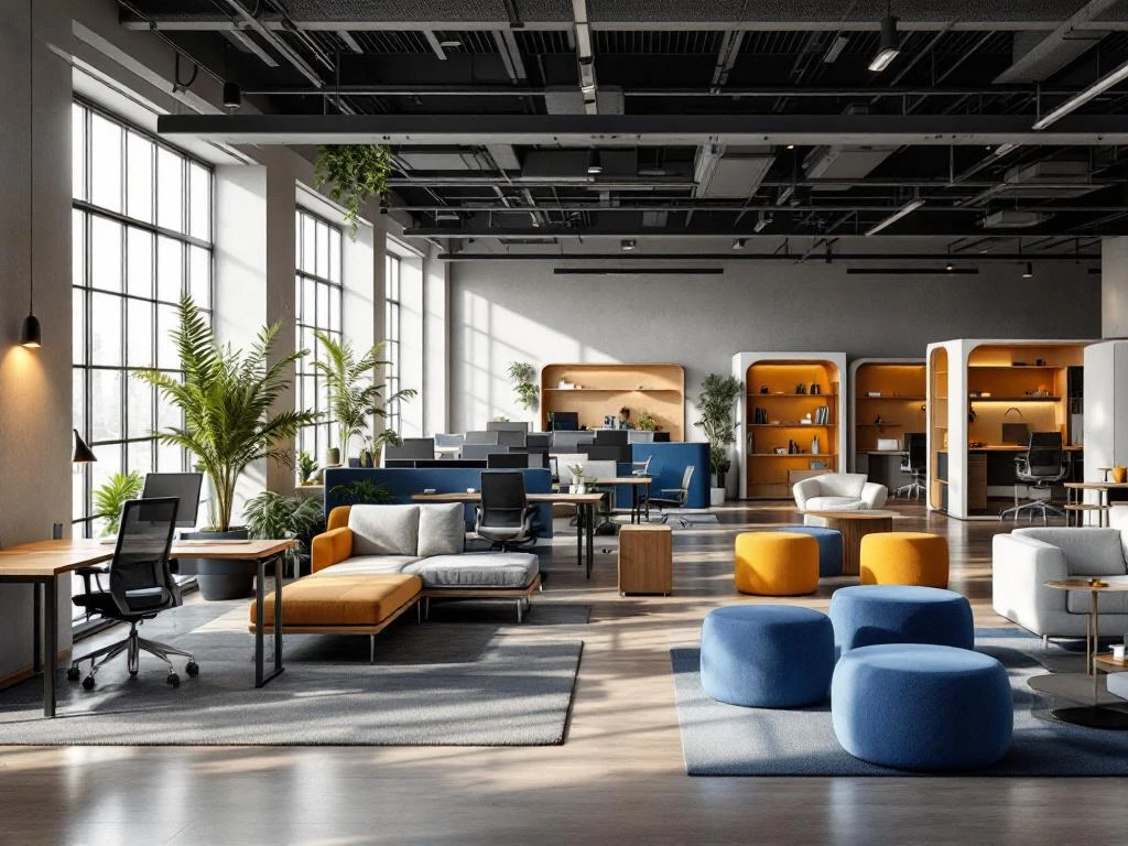 Modern kantoor met modulair meubilair, in hoogte verstelbare bureaus en flexibele werkzones in open indeling