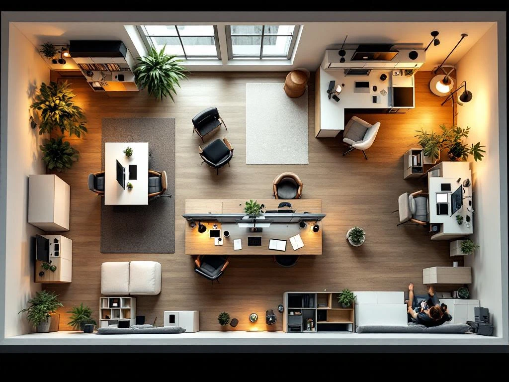 Bovenaanzicht van moderne kantoorruimte met modulaire bureaus, verticale opslag en multifunctioneel meubilair in grijs en hout