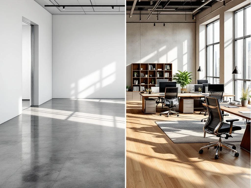 Moderne kantoorruimte transformatie: lege witte ruimte wordt elegant ingericht met bureaus, stoelen en natuurlijk licht