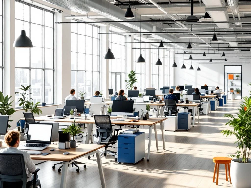 Moderne open kantoorruimte met flexibele hot-desking werkplekken, in hoogte verstelbare bureaus en ergonomische stoelen